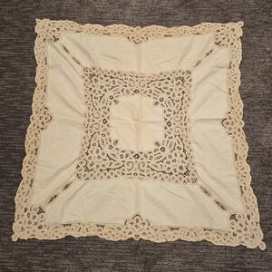 Vtg Punch out corner TABLECLOTH beige 38" x 38" square vtg Cottagecore